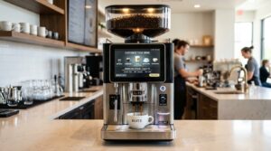 A ultra-realistic, wide-angle cinematic shot of a sleek, modern commercial coffee vending machine with a digital touchscreen interface glowing warmly in a modern corporate office breakroom. In the foreground, a professional worker in business casual attire holds a freshly dispensed ceramic coffee cup with steam gently rising. High-end architectural lighting, warm ambient wood-panel background, depth of field, 8k resolution, realistic textures, soft studio lighting, hyper-detailed.