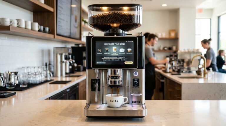 A ultra-realistic, wide-angle cinematic shot of a sleek, modern commercial coffee vending machine with a digital touchscreen interface glowing warmly in a modern corporate office breakroom. In the foreground, a professional worker in business casual attire holds a freshly dispensed ceramic coffee cup with steam gently rising. High-end architectural lighting, warm ambient wood-panel background, depth of field, 8k resolution, realistic textures, soft studio lighting, hyper-detailed.