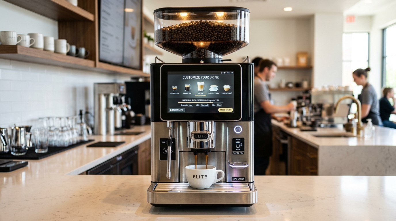 A ultra-realistic, wide-angle cinematic shot of a sleek, modern commercial coffee vending machine with a digital touchscreen interface glowing warmly in a modern corporate office breakroom. In the foreground, a professional worker in business casual attire holds a freshly dispensed ceramic coffee cup with steam gently rising. High-end architectural lighting, warm ambient wood-panel background, depth of field, 8k resolution, realistic textures, soft studio lighting, hyper-detailed.