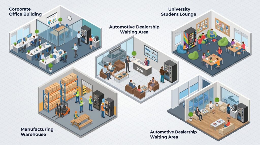 Isometric 3D illustration displaying five high-value coffee vending target locations including offices, warehouses, hospitals, universities, and auto dealerships.