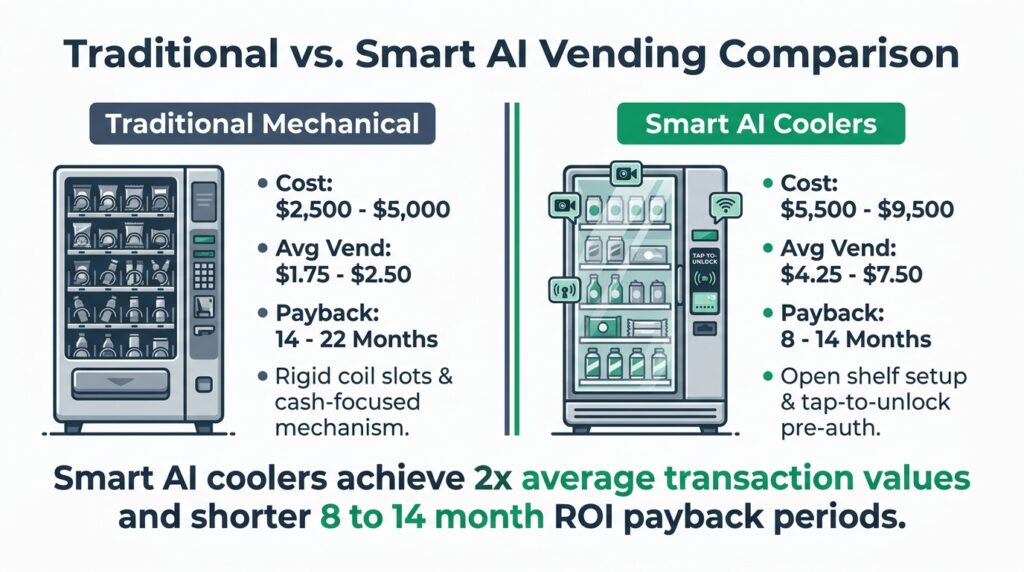 Side-by-side comparative infographic illustrating key metrics of Traditional Mechanical Vending versus Smart AI Coolers on a white background.