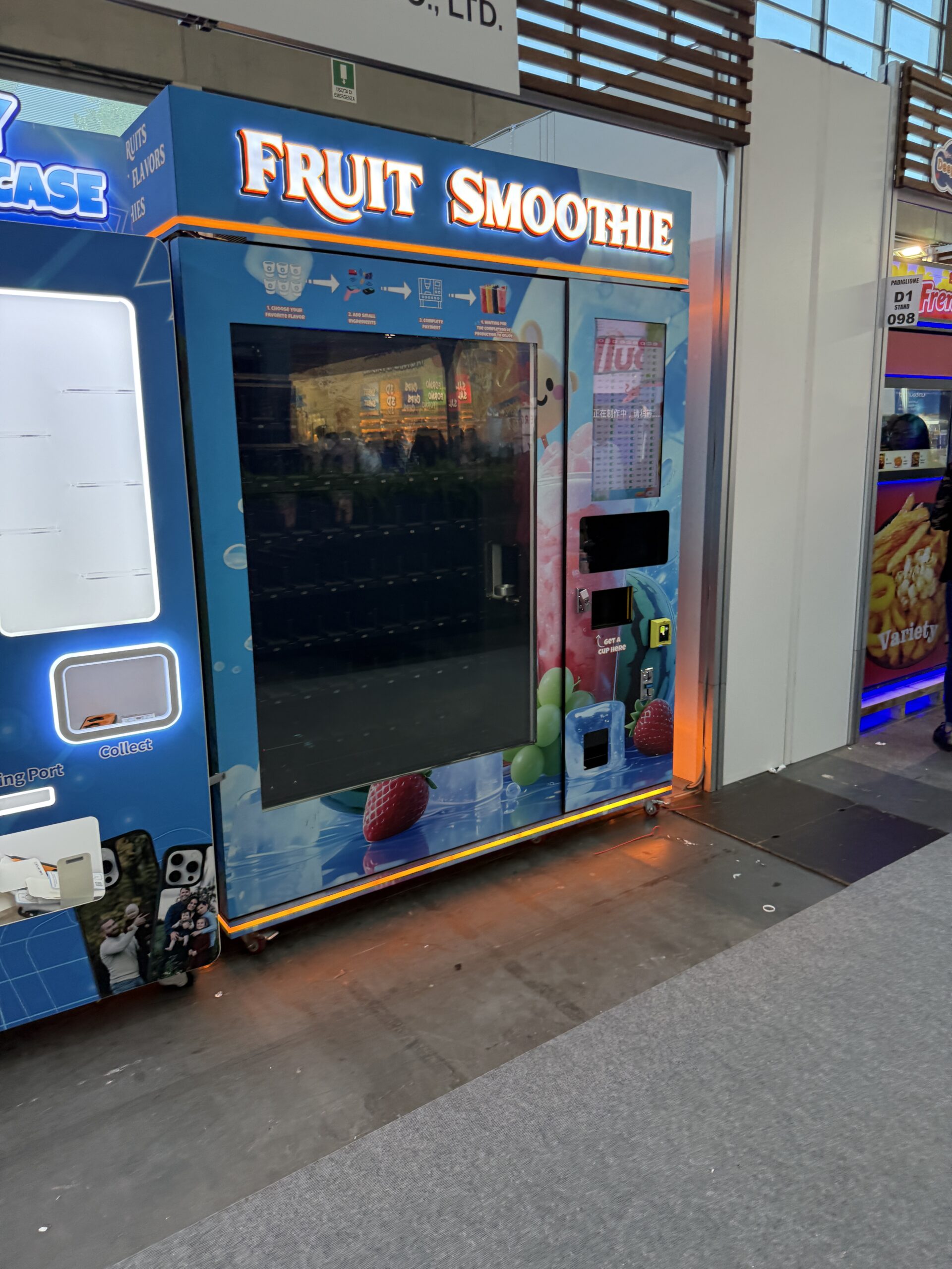 Touchscreen on a smoothie vending machine showing flavour selection and ingredients