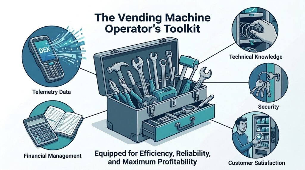 An infographic detailing the various skills and resources, or 'tools', that a vending machine operator utilizes. It shows an open toolbox with connecting circles illustrating telemetry data, technical knowledge, security, customer satisfaction, and financial management. The overall message focuses on efficiency, reliability, and profitability.
