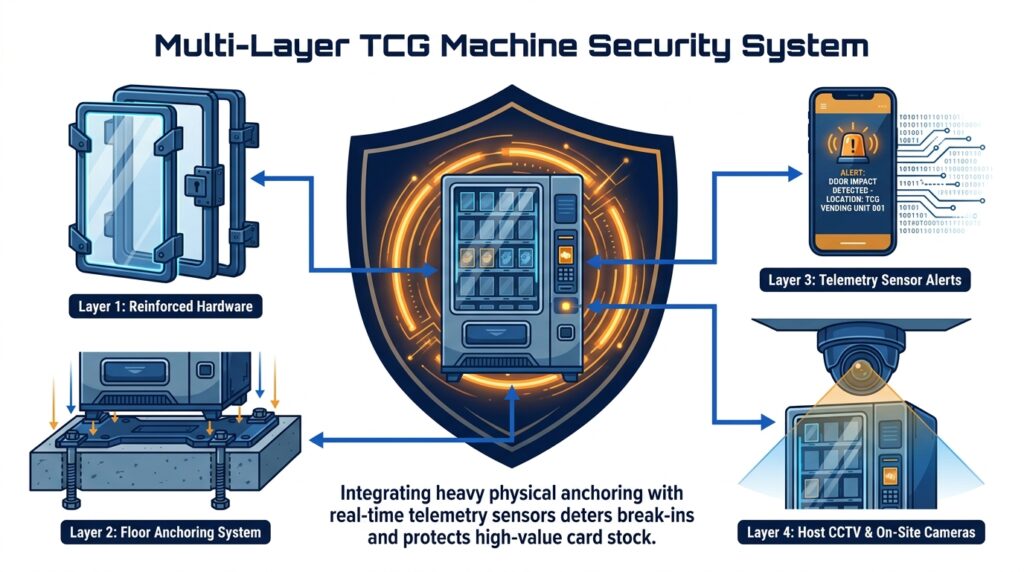 Security diagram showing the 4 layers of TCG vending machine protection: Physical Polycarbonate Hardware, Floor Anchoring, Telemetry Sensor Alerts, and Wide-Angle Surveillance.