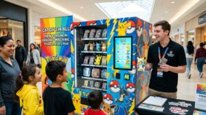 operator marketing his new pokemon vending machine