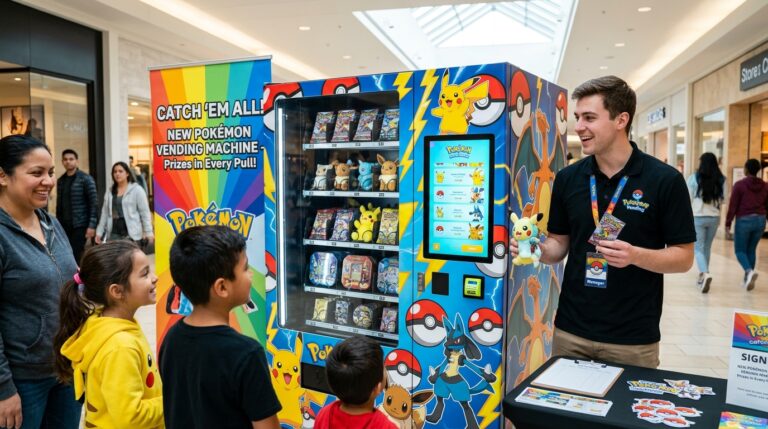 operator marketing his new pokemon vending machine