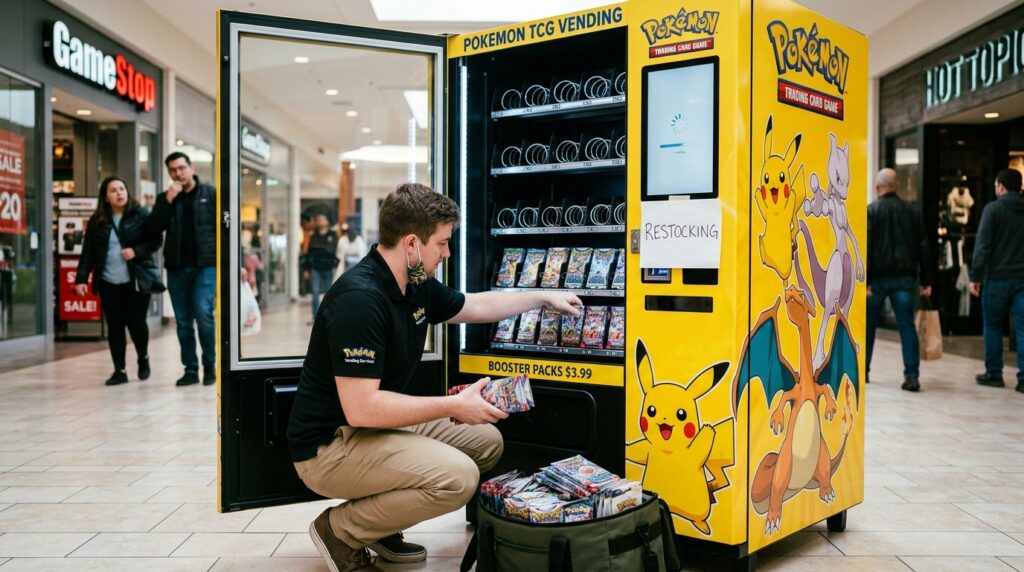 operator restocking his pokemon vending machine with pokemon cards
