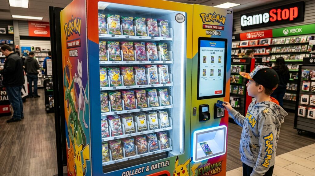 Boy purchasing pokemon cards from a vending machine