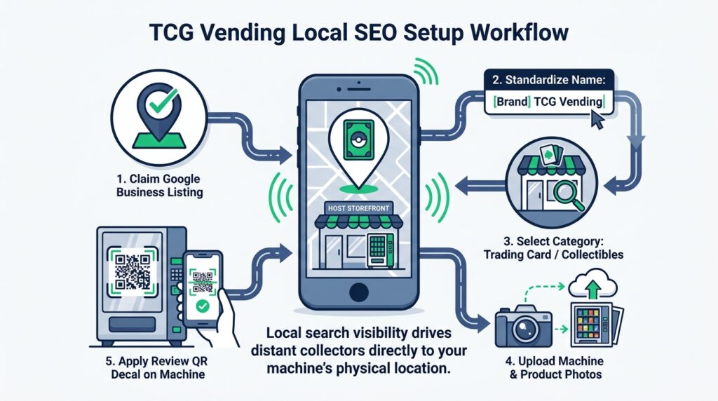 Step-by-step workflow infographic showing the 5 steps to optimize local SEO for a TCG vending machine: Google Business Profile setup, Naming Standards, Category Selection, Photos, and Review QR Codes.