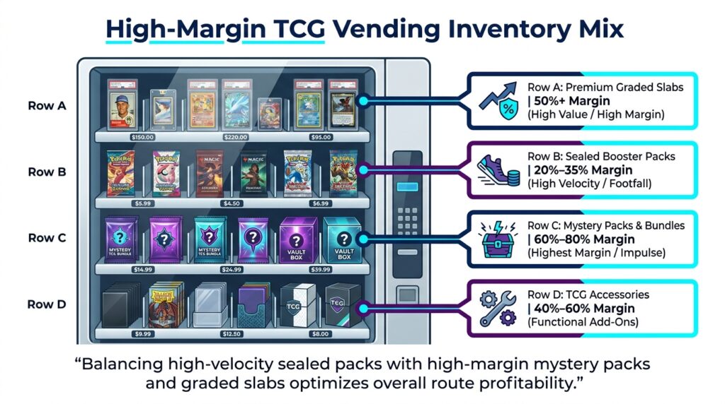 Product grid infographic organizing a trading card vending machine into 4 inventory tiers: Premium Graded Slabs, Sealed Booster Packs, Mystery Packs, and TCG Accessories, detailing margins and velocity.
