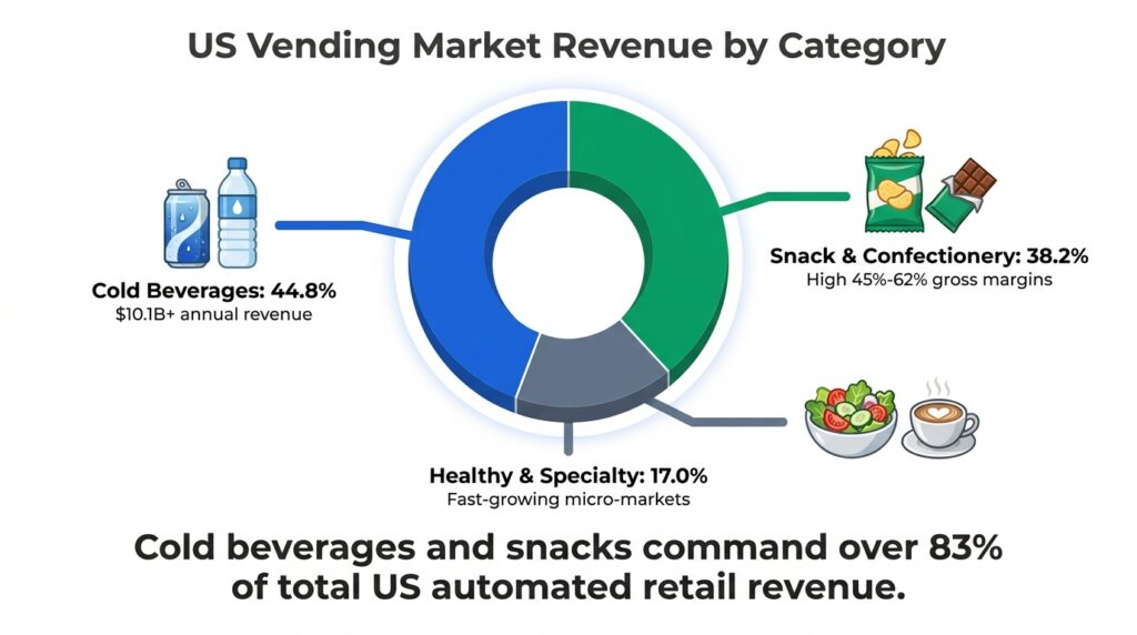 Pie/donut chart infographic displaying the market revenue breakdown of US vending products: Cold Beverages (44.8%), Snacks (38.2%), and Healthy/Specialty Retail (17.0%) on a solid white background.