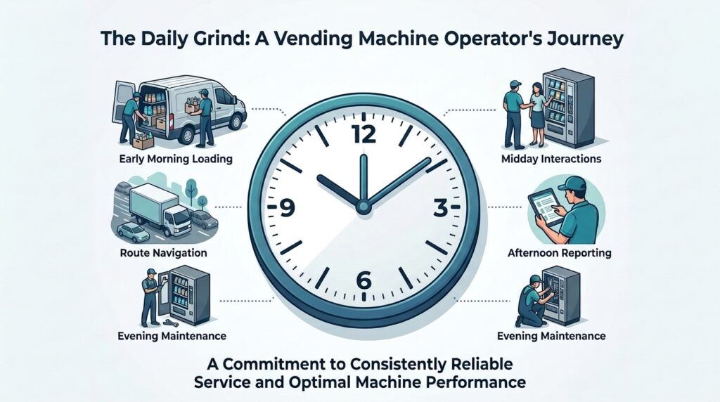 An infographic illustrating a typical day in the life of a vending machine operator. It shows a timeline on a clock face with scenes representing tasks such as early morning loading, route navigation, midday interactions, afternoon reporting, and evening maintenance. The text below emphasizes a commitment to reliable service and machine performance.