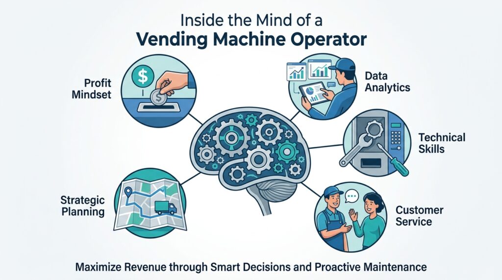 An infographic illustrating the mental aspects of a vending machine operator's job. The central focus is a diagram of a brain with gears, with five connected scenes illustrating key skills: Profit Mindset, Data Analytics, Technical Skills, Customer Service, and Strategic Planning. The overall message is to maximize revenue through smart decisions and proactive maintenance.