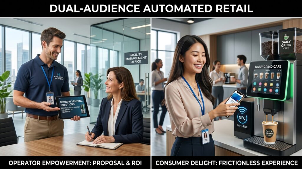 Split illustration showing a vending operator presenting a placement proposal to a facility manager alongside an employee buying coffee from a vending machine.