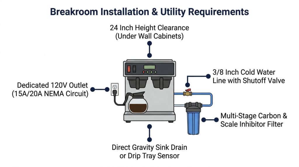 Technical installation schematic detailing power, water line, filtration, vertical clearance, and drainage requirements for an office coffee machine on a white background.