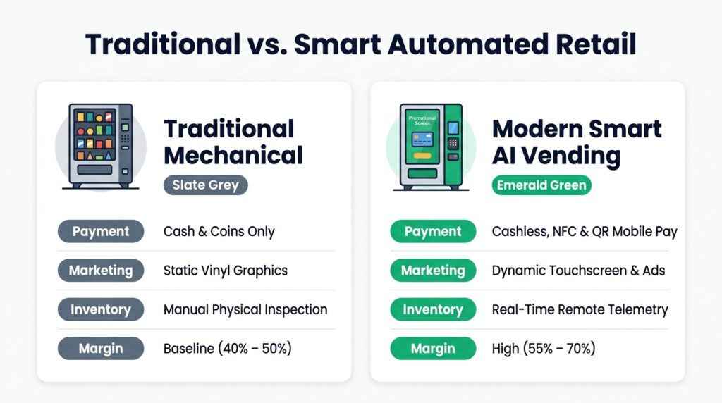 Side-by-side comparison diagram contrasting traditional mechanical vending with modern smart AI vending features on a white background.