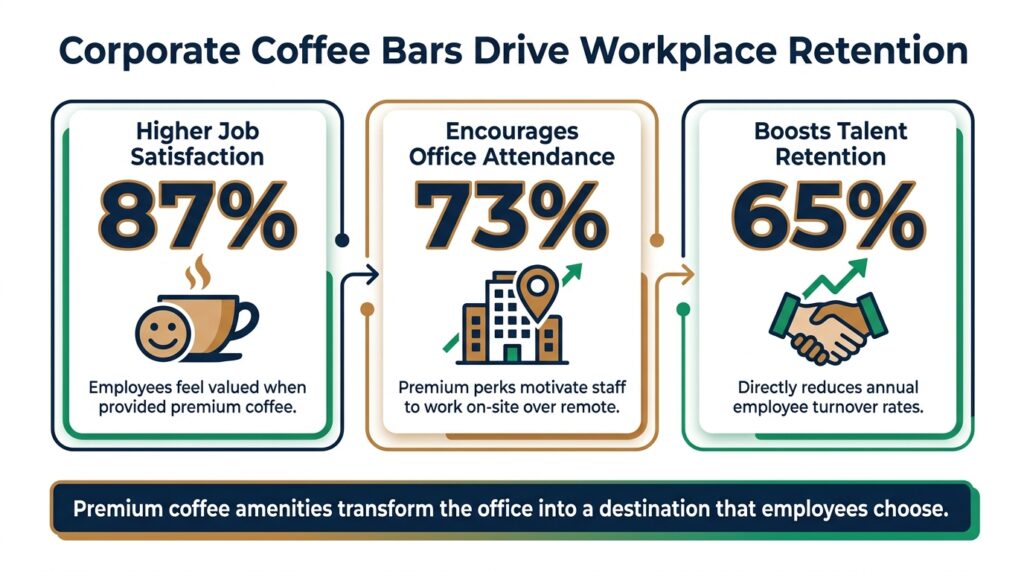 Bar chart and key statistics graphic illustrating how premium corporate coffee machine helps in retaining employees workplace retention, office attendance, and daily job satisfaction on a white background.