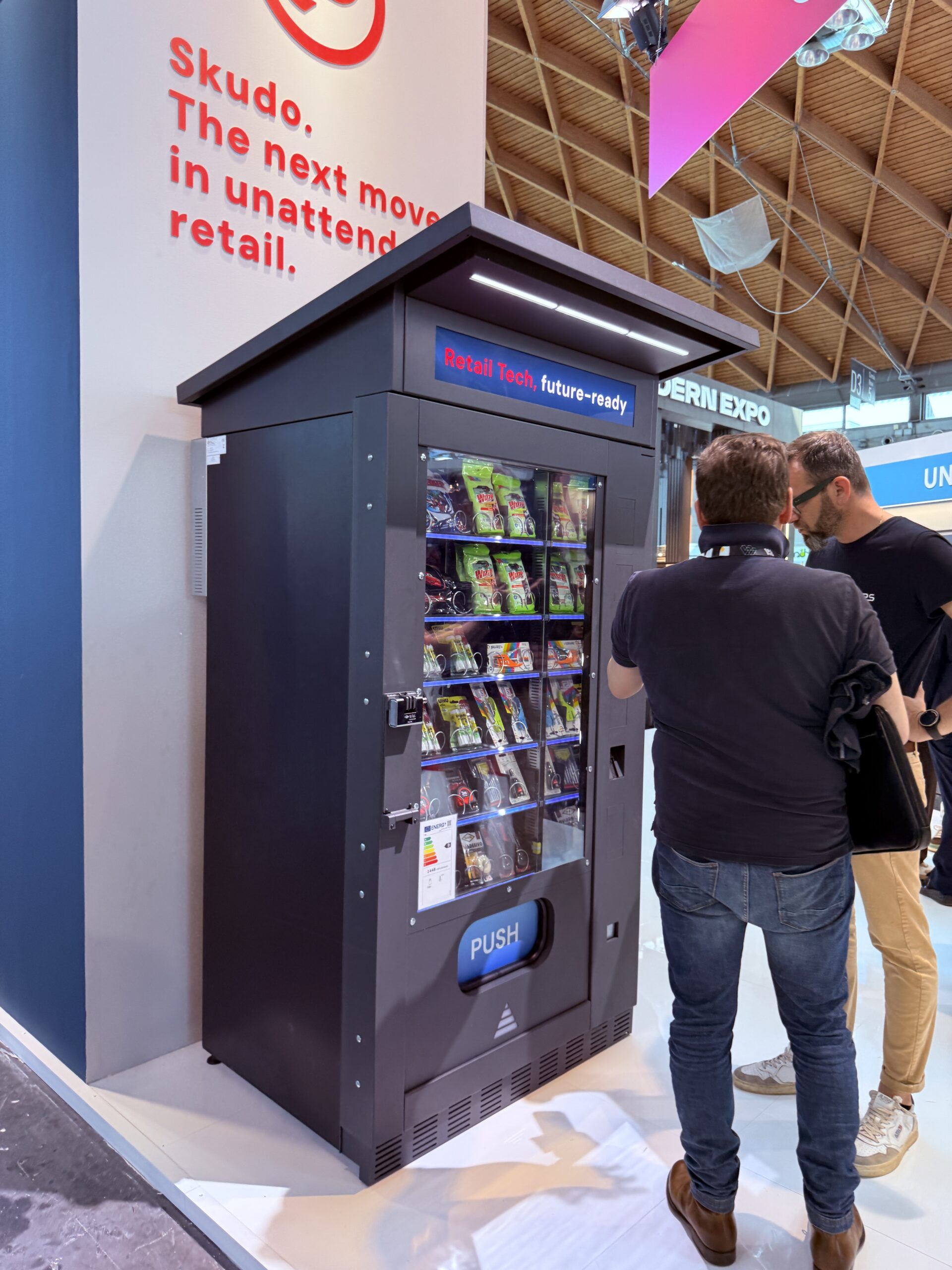 Outdoor vending machine illuminated at night