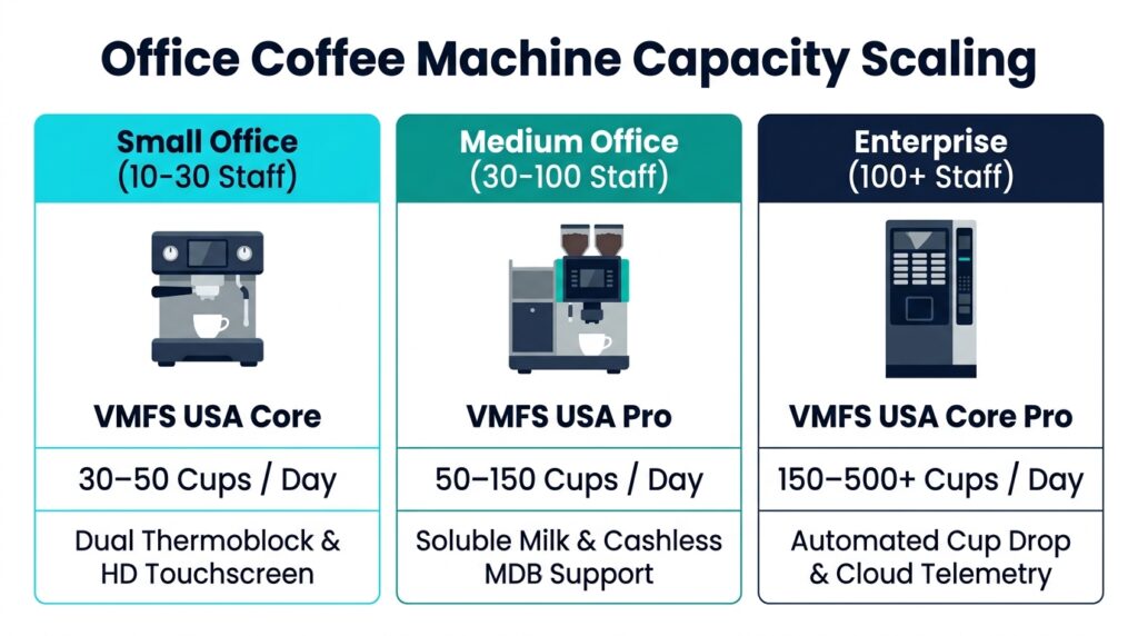 A 3-tier horizontal comparison graphic categorizing commercial office coffee machines by staff size, daily volume capacity, and model recommendations on a solid white background.