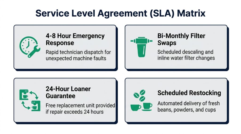 4-point service level agreement checklist graphic showing response time guarantees, filter swaps, equipment replacement, and supply replenishment on a white background.