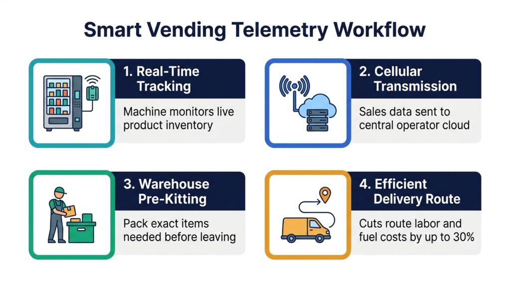 4-step linear flowchart demonstrating automated telemetry restock routing from machine sensors to warehouse pre-kitting on a white background.