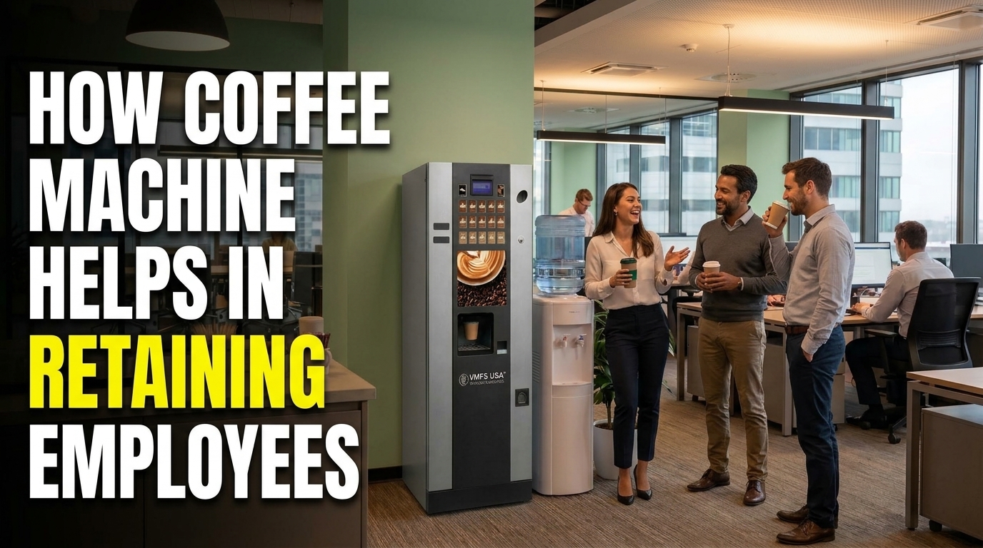 happy employees standing next to vmfs usa office coffee vending machine